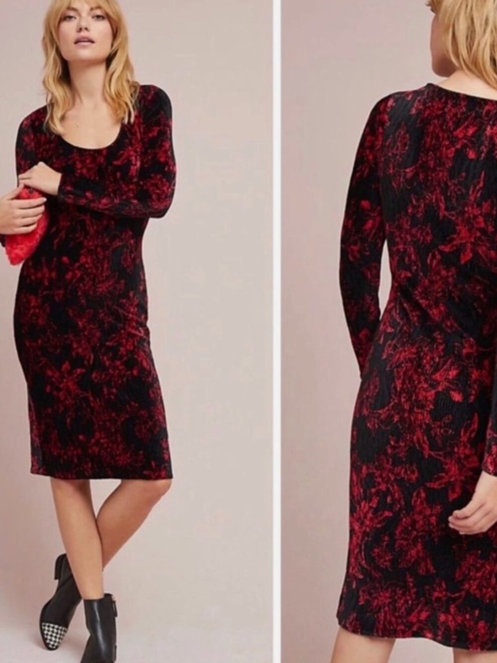 2/$30 Anthropologie HD in Paris Red Black Long Sleeve Velour Floral Dress Small